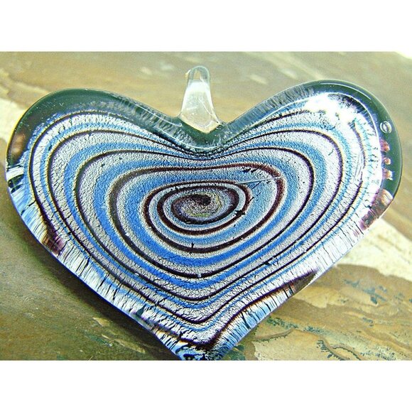 Heart Shaped Lampwork Glass Art Pendant Charm Purple Blue Tone Swirl Design - Picture 4 of 6